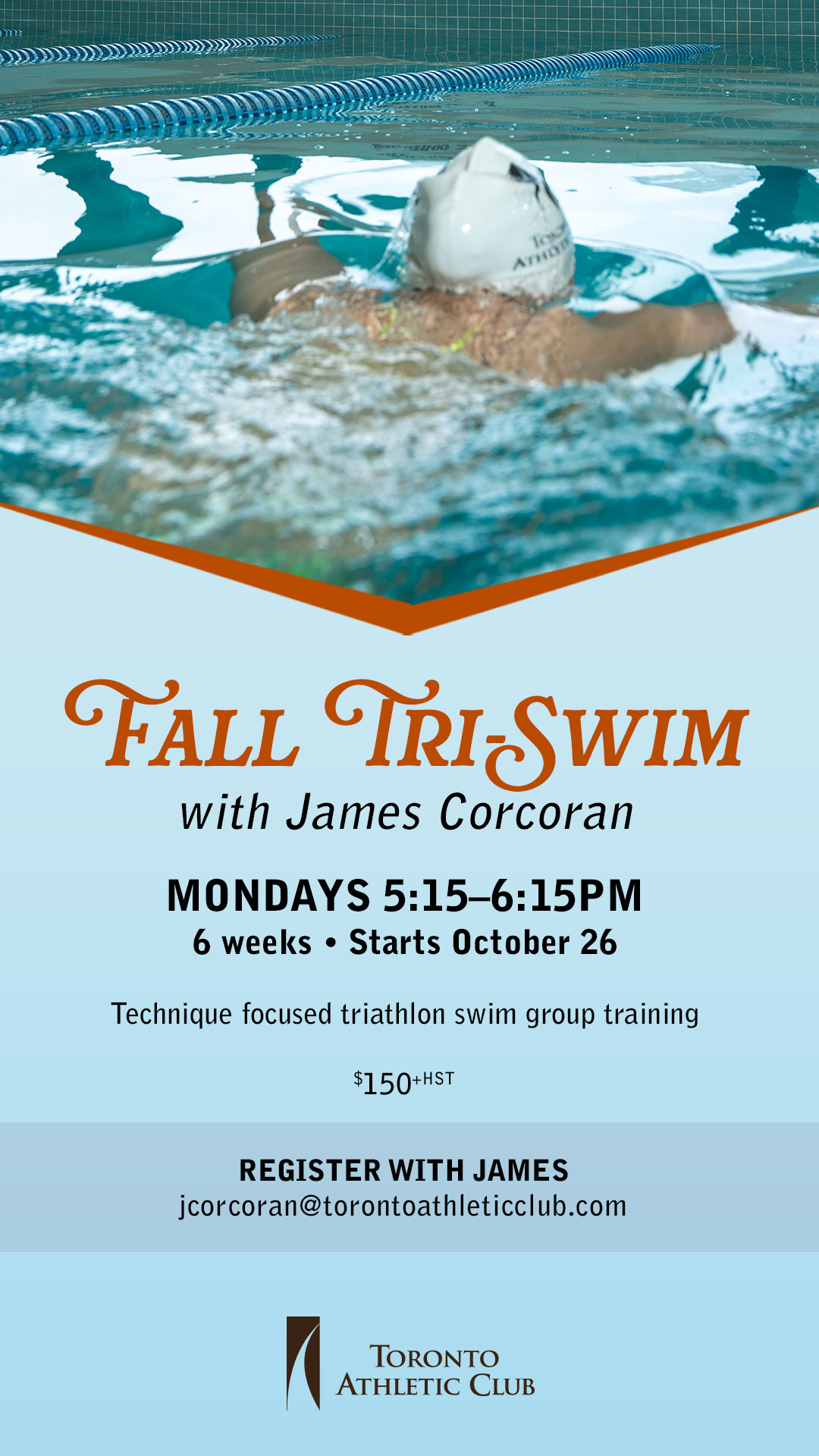 Swimmer performing freestyle laps in the Toronto Athletic Club pool during Fall Tri-Swim, a technique-focused triathlon swim training program.